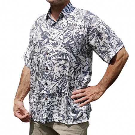 Chemise à fleurs fleurs et feuillage grise sur fond blanc