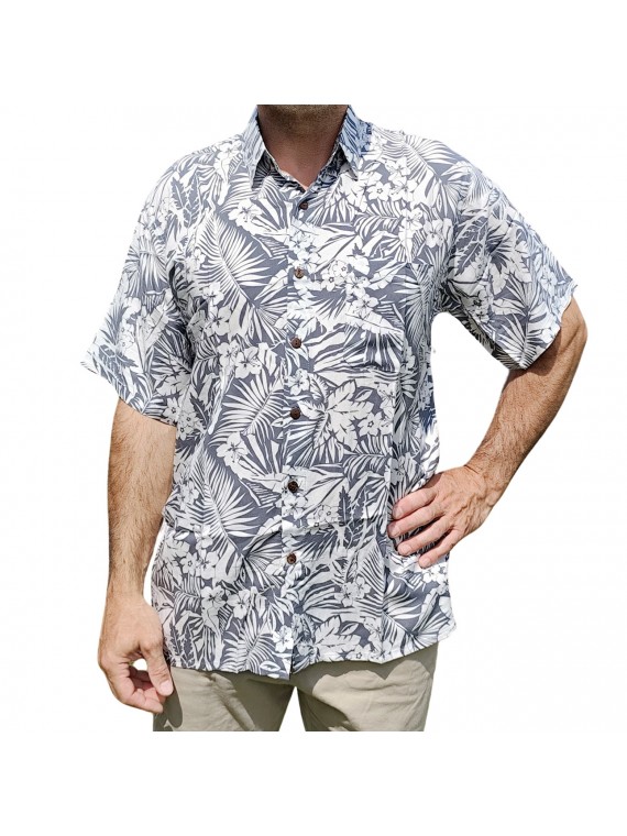 Chemise à fleurs fleurs et feuillage grise sur fond blanc