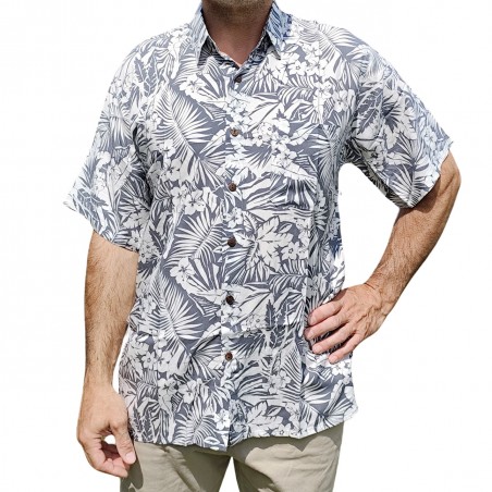 Chemise à fleurs fleurs et feuillage grise sur fond blanc