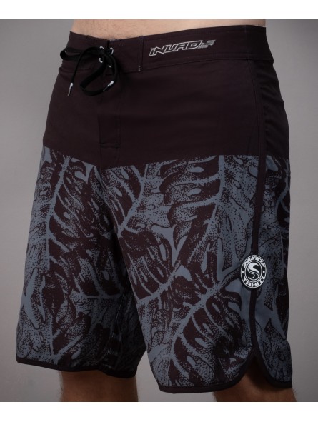bermuda Noir surfeur INVAD TAHITI  aux motifs feuillages tropicals
