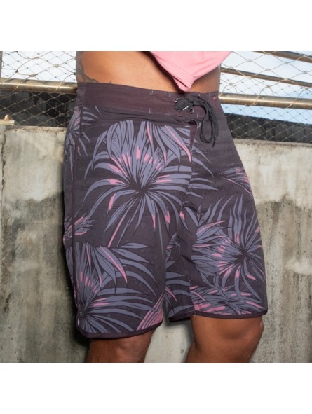 bermuda Noir et rose surfeur INVAD TAHITI  aux motifs feuillages tropicals