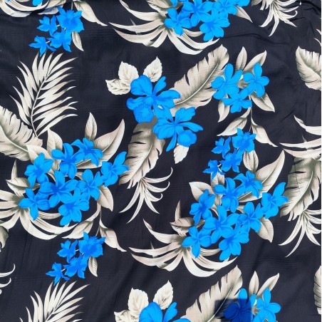 Tissi fleuri fond noir motifs bleu et argent