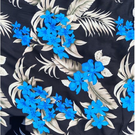 Tissi fleuri fond noir motifs bleu et argent