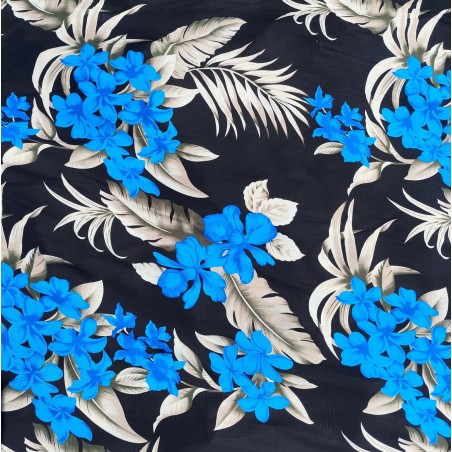 Tissi fleuri fond noir motifs bleu et argent