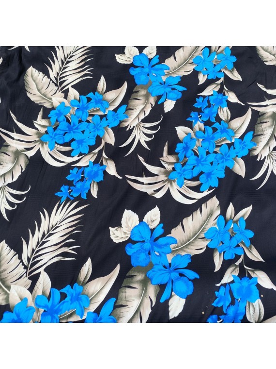 Tissi fleuri fond noir motifs bleu et argent