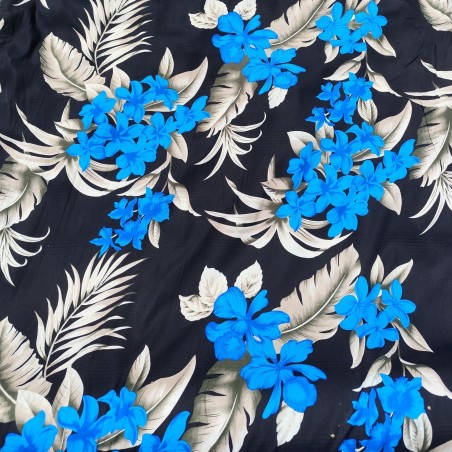 Tissi fleuri fond noir motifs bleu et argent