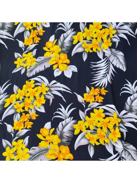 Tissi fleuri fond noir motifs fleurs de frangipane couleursjaune et argent