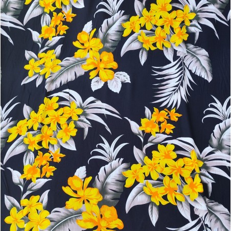 Tissu fleuri noir et jaune Tuamotu