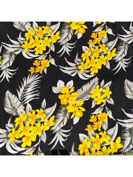 Tissi fleuri fond noir motifs fleurs de frangipane couleursjaune et argent