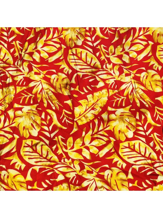 Tissu couleur rouge et or motifs feuillage tropical stylisé
