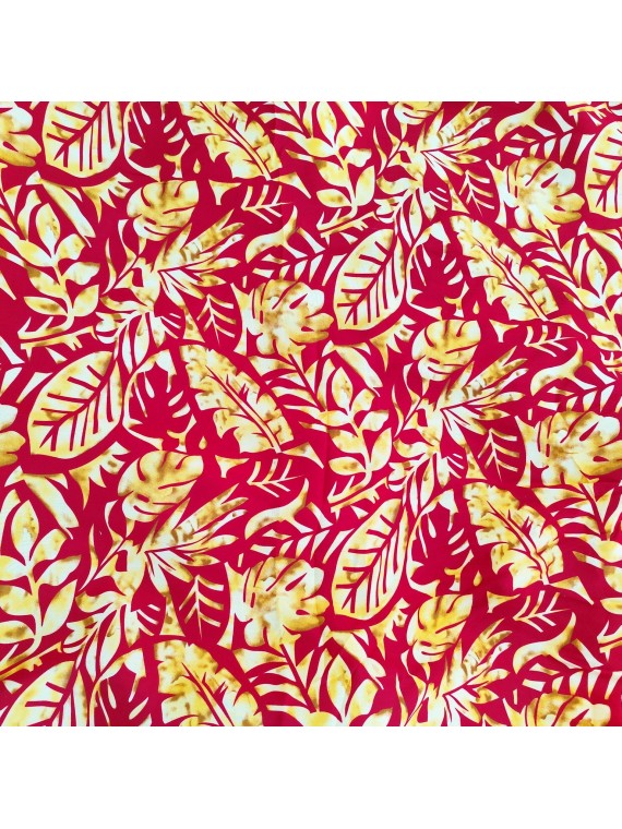 Tissu couleur rouge et or motifs feuillage tropical stylisé