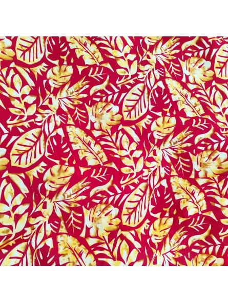 Tissu couleur rouge et or motifs feuillage tropical stylisé