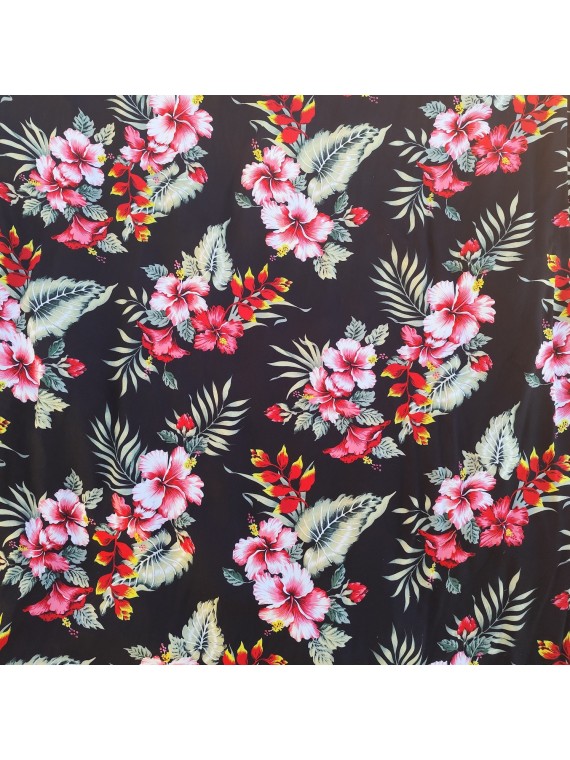Tissu couleur noir motifs imprimés hibiscus et heliconia rouge