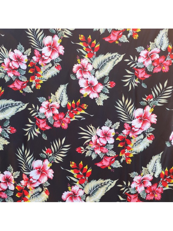Tissu couleur noir motifs imprimés hibiscus et heliconia rouge