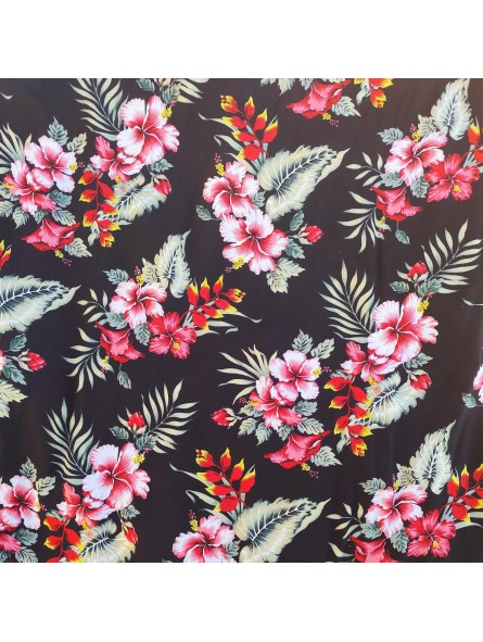 Tissu couleur noir motifs imprimés hibiscus et heliconia rouge