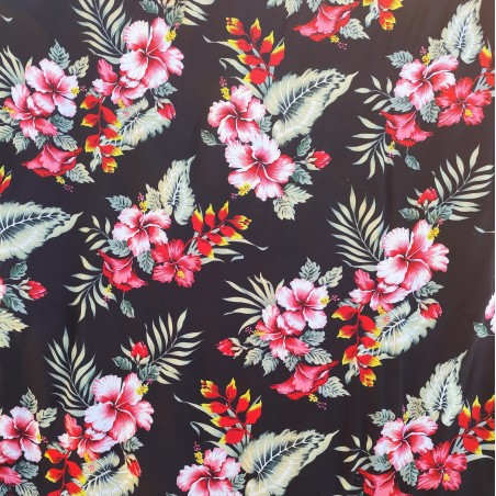 Tissu couleur noir motifs imprimés hibiscus et heliconia rouge