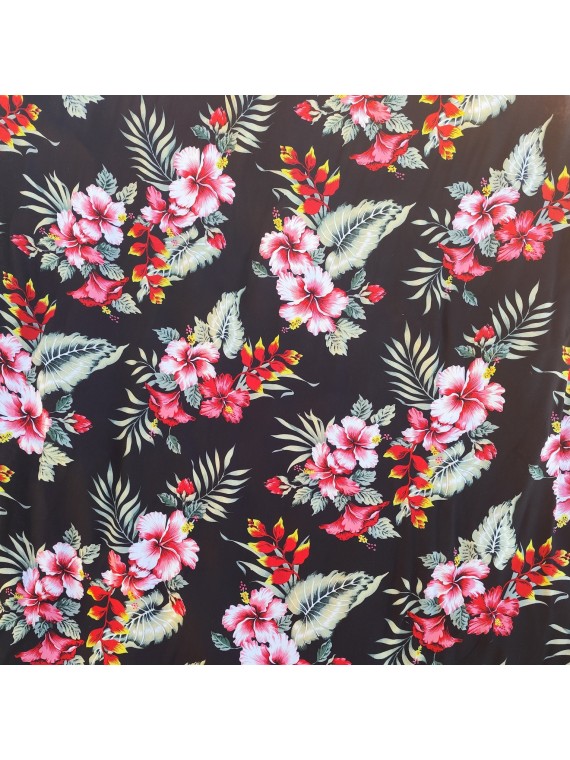 Tissu couleur noir motifs imprimés hibiscus et heliconia rouge
