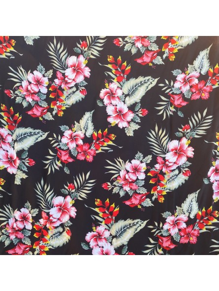 Tissu couleur noir motifs imprimés hibiscus et heliconia rouge