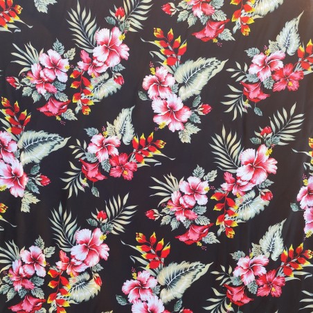 Tissu couleur noir motifs imprimés hibiscus et heliconia rouge