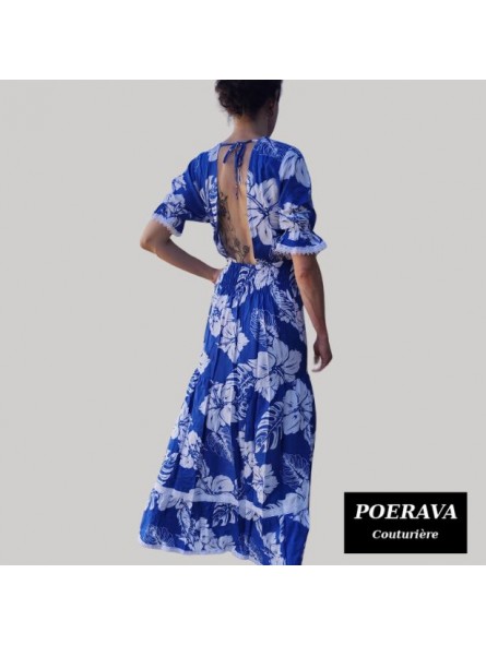 Robe tahitienne artisanale de couturière motifs  Hibiscus et feuillage  bleu