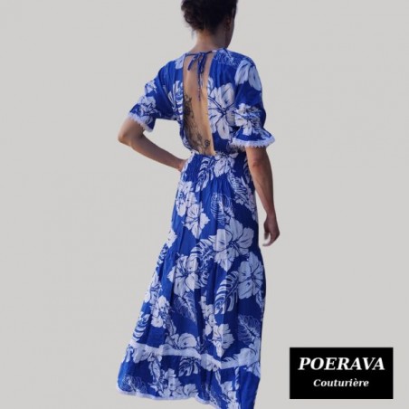 Robe tahitienne artisanale de couturière motifs  Hibiscus et feuillage  bleu