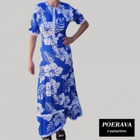 Robe tahitienne artisanale de couturière motifs  Hibiscus et feuillage  bleu
