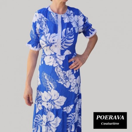 Robe tahitienne artisanale de couturière motifs  Hibiscus et feuillage  bleu