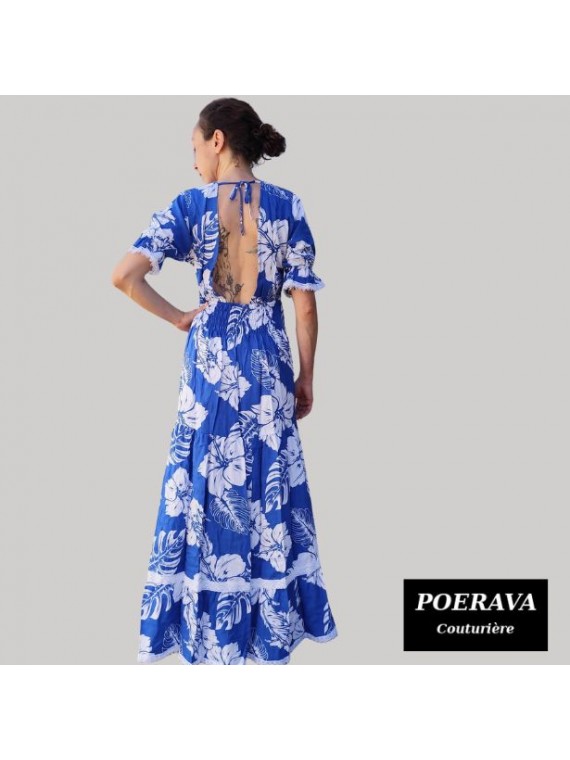 Robe tahitienne artisanale de couturière motifs  Hibiscus et feuillage  bleu
