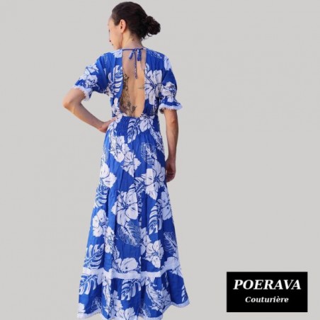 Robe tahitienne artisanale de couturière motifs  Hibiscus et feuillage  bleu