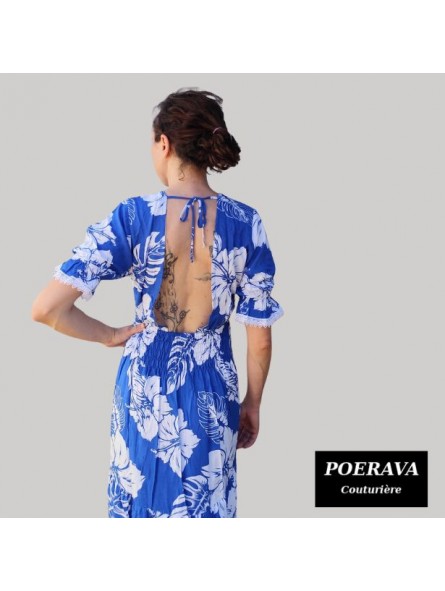 Robe tahitienne artisanale de couturière motifs  Hibiscus et feuillage  bleu