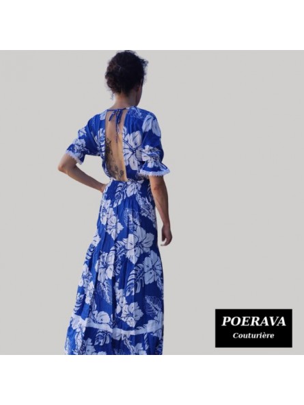 Robe tahitienne artisanale de couturière motifs  Hibiscus et feuillage  bleu