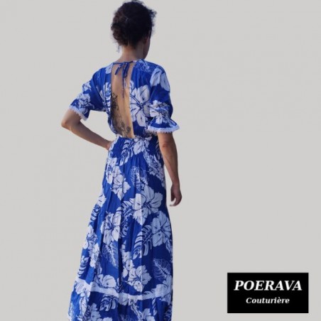 Robe tahitienne artisanale de couturière motifs  Hibiscus et feuillage  bleu