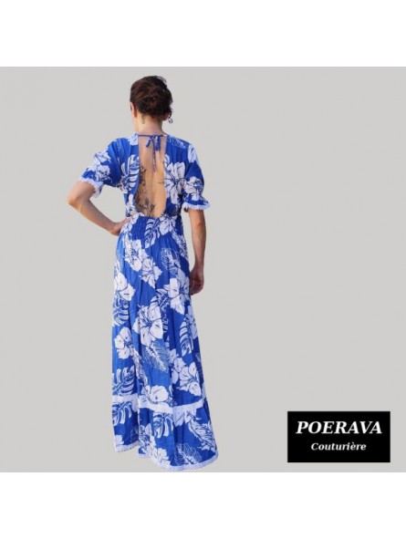 Robe tahitienne artisanale de couturière motifs  Hibiscus et feuillage  bleu