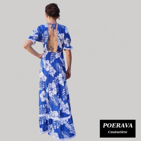 Robe tahitienne artisanale de couturière motifs  Hibiscus et feuillage  bleu