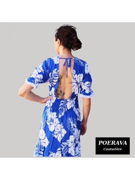 Robe tahitienne artisanale de couturière motifs  Hibiscus et feuillage  bleu