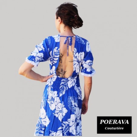 Robe tahitienne artisanale de couturière motifs  Hibiscus et feuillage  bleu