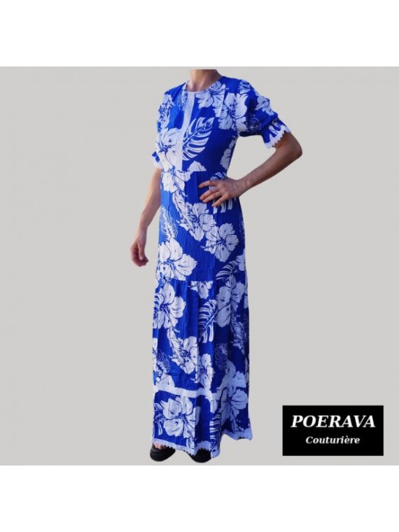 Robe tahitienne artisanale de couturière motifs  Hibiscus et feuillage  bleu