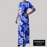 Robe tahitienne artisanale de couturière motifs  Hibiscus et feuillage  bleu
