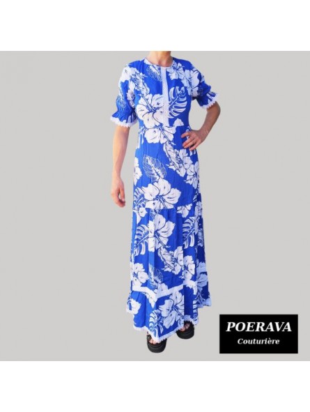 Robe tahitienne artisanale de couturière motifs  Hibiscus et feuillage  bleu