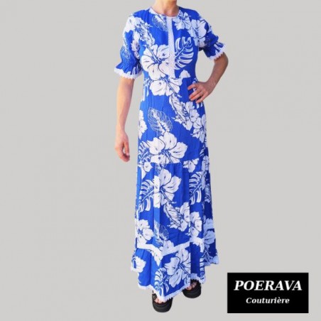 Robe tahitienne artisanale de couturière motifs  Hibiscus et feuillage  bleu