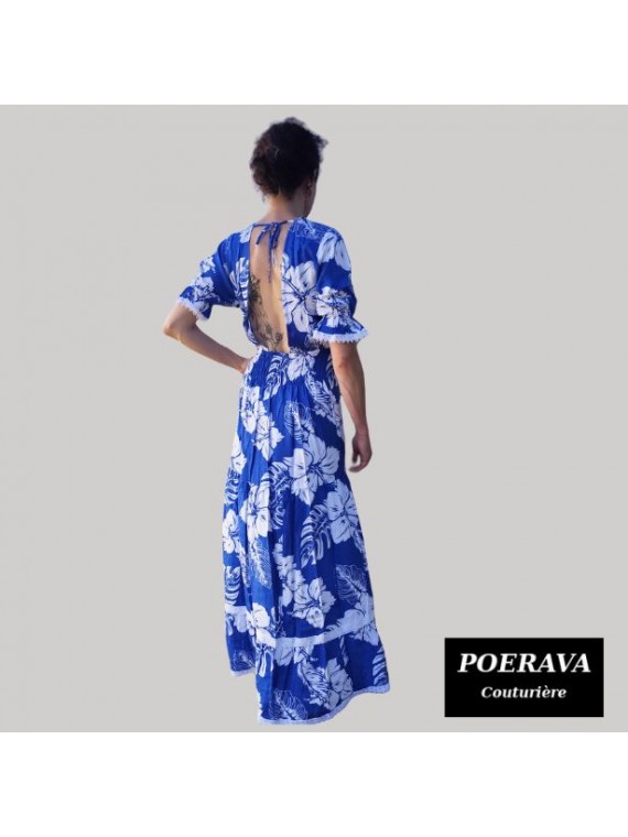 Robe tahitienne artisanale de couturière motifs  Hibiscus et feuillage  bleu