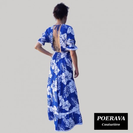 Robe tahitienne artisanale de couturière motifs  Hibiscus et feuillage  bleu
