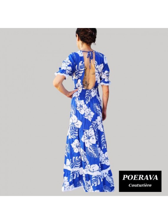 Robe tahitienne artisanale de couturière motifs  Hibiscus et feuillage  bleu