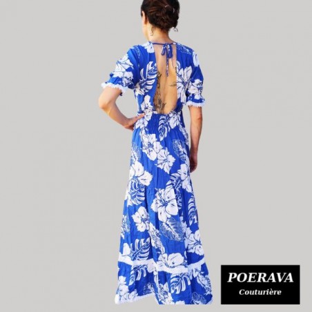 Robe tahitienne artisanale de couturière motifs  Hibiscus et feuillage  bleu