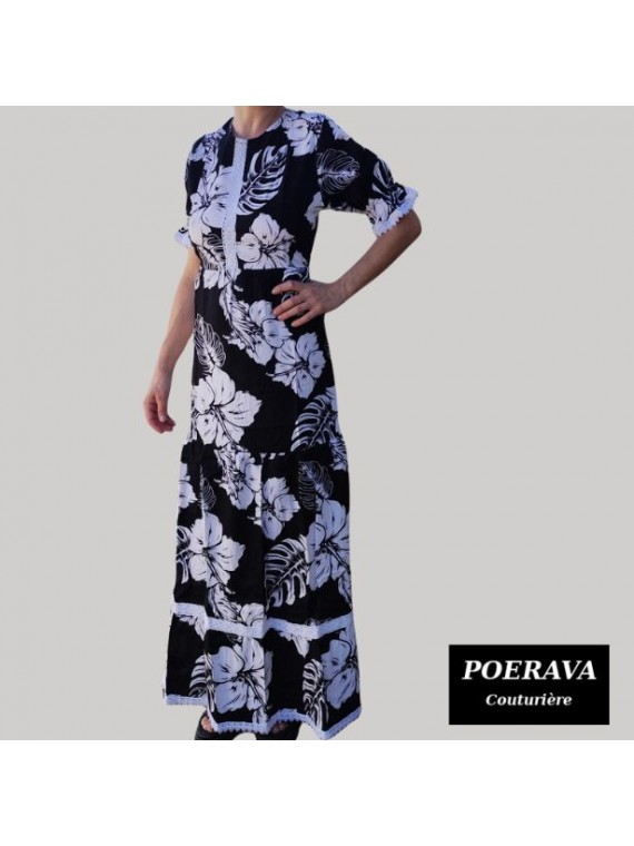 Robe tahitienne artisanale de couturière motifs  Hibiscus et feuillage noir