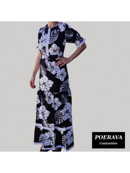 Robe tahitienne artisanale de couturière motifs  Hibiscus et feuillage noir