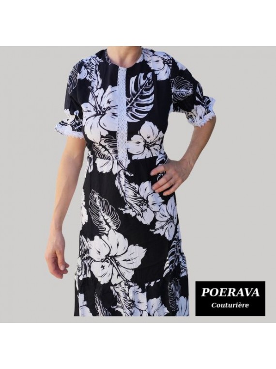 Robe tahitienne artisanale de couturière motifs  Hibiscus et feuillage noir