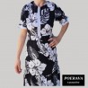 Robe tahitienne artisanale de couturière motifs  Hibiscus et feuillage noir