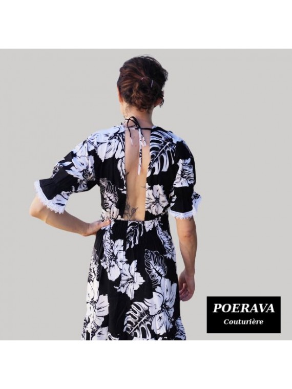Robe tahitienne artisanale de couturière motifs  Hibiscus et feuillage noir