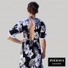 Robe tahitienne artisanale de couturière motifs  Hibiscus et feuillage noir